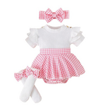 Girls' Romper Set Manufacturer - Ribbed Knitted Short-Sleeve Top Plaid Skirt Headband
