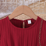 Girls' Casual Dress Manufacturer - 2025 Solid Color Wave Stripe Flutter Sleeve Belt Ruffle