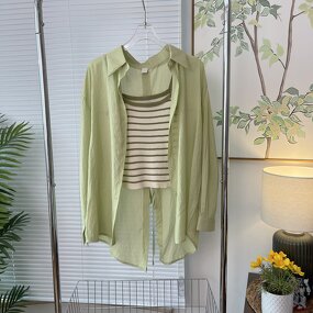 Women's 2-Piece Set Manufacturer - Sunscreen Shirt Loose Solid Color Collar Top