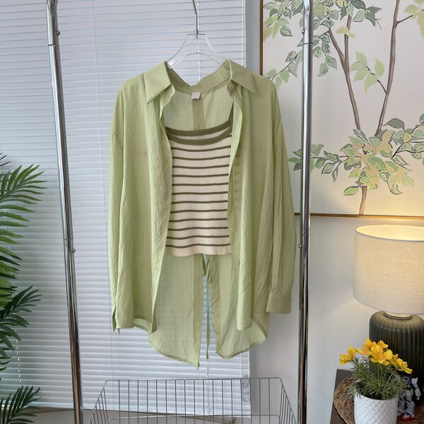 Women's 2-Piece Set Manufacturer - Sunscreen Shirt Loose Solid Color Collar Top