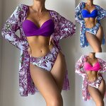 Women's Bikini Set Manufacturer - Long Cardigan Bra Briefs 3 Piece Printed Swimwear