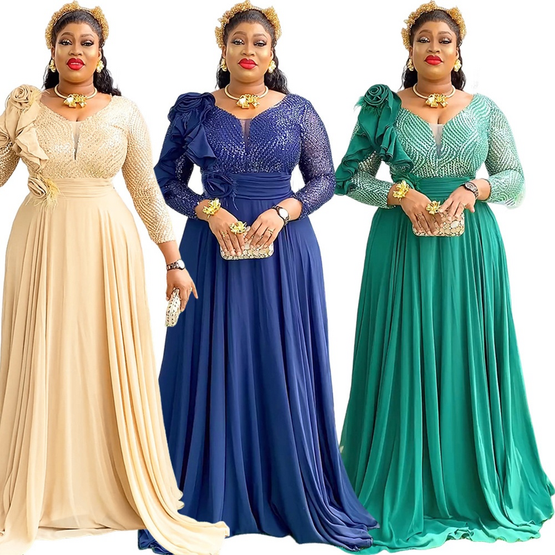African Evening Gown Manufacturer - 2025 Plus Size Long Sleeve Sequined Flower High Waist