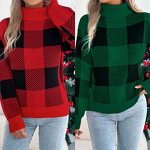 Plaid Sweater Manufacturer - Lantern Long Sleeve High Collar Christmas Warm Loose