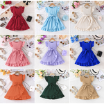 Girls' Casual Dress Manufacturer - 2025 Solid Color Wave Stripe Flutter Sleeve Belt Ruffle