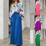 Women's Pants Set Manufacturer - Printed Shirt Wide Leg Pants Fashionable Casual Loose