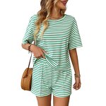 Women's Shorts Set Manufacturer - Knitted Round Neck Short Sleeved Striped Casual