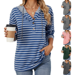 Women's Hoodie Manufacturer - Striped Contrasting Button Hooded Patchwork Loose Casual
