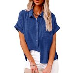 Cotton Linen T-shirt Manufacturer - Lapel Button Short Sleeve Loose for Women Summer