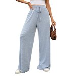 Women's Casual Pants Manufacturer - Solid Color Drawstring Loose Pit Stripe Brushed Elastic