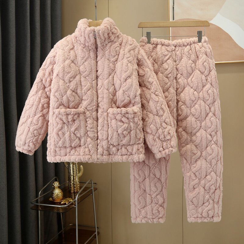 Women's Pajamas Set Manufacturer - 2024 Fleece Plush Padded Zipper Tops Long Pants