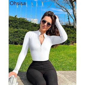 Women's Bodysuit Manufacturer - 2024 Long Sleeve Ribbed Zipper Front Stand Collar Jumpsuit
