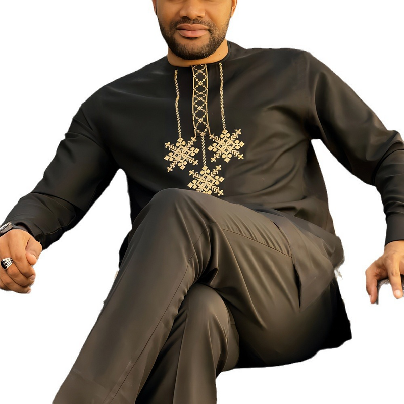 Men's 2-Piece Suit Manufacturer - 2025 African Ethnic Embroidered Shirt Rope Pants
