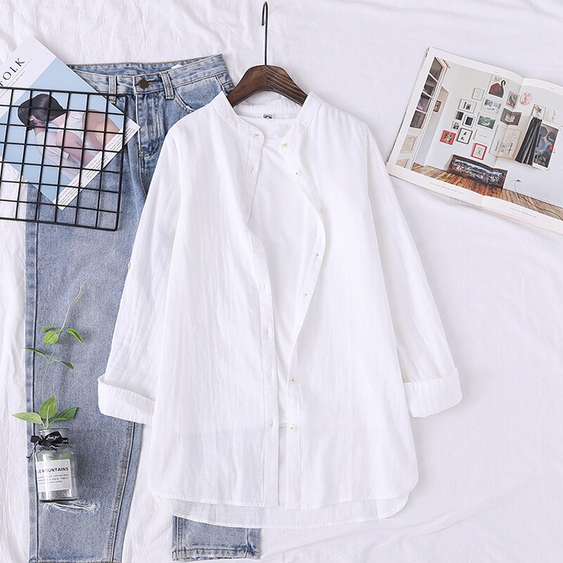 Cotton Yarn Blouse Manufacturer - Long Sleeve Stand Collar Button Soft Midi Casual