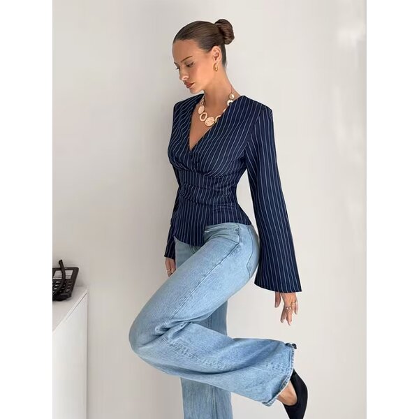 Striped Shirt Manufacturer - 2026 V-neck Long Sleeve Waist Cinched for Women