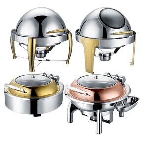 Chafing Dish Manufacturer - Electric Luxury Gold Roll Top Round 6-Liter with Glass Lid