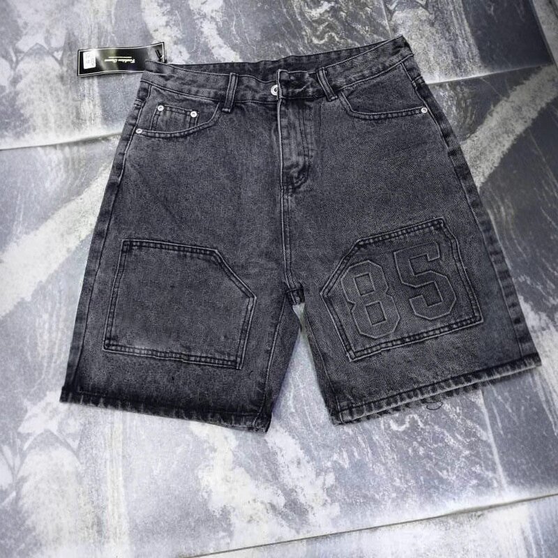 Men's Wide Leg Denim Shorts Manufacturer - Custom OverSized Broad Loose Vintage Light Blue Emboss Half Pant