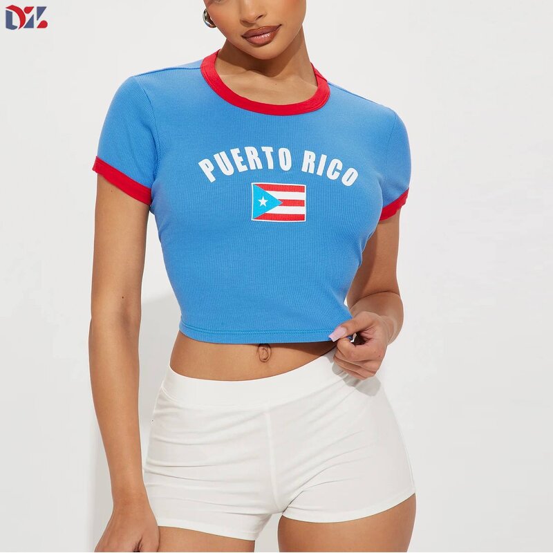 Women's Crop T-Shirt Manufacturer - Summer Fashion Rib Knit Ringer Short Sleeve Logo Embroidery Hip-hop Tee