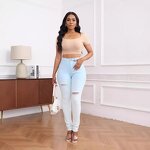 Women's Hole Jeans Manufacturer - European American Style High Waist Blue White Denim Breathable Summer Pants