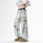 Men's Straight Leg Jeans Manufacturer - High Street Winter 3D Digital Printing Mud Dyeing Splash Ink Pants