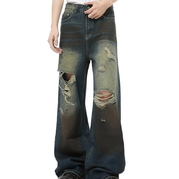 Men's Ripped Jeans Manufacturer - Custom European American High Street Distressed Hip-hop Straight Pants