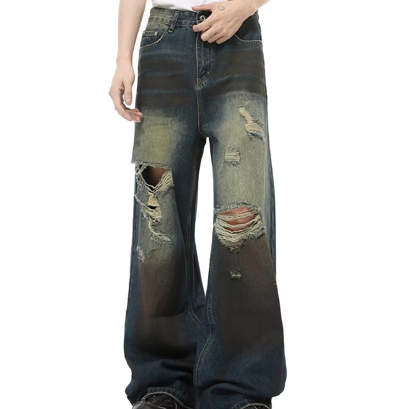 Men's Ripped Jeans Manufacturer - Custom European American High Street Distressed Hip-hop Straight Pants