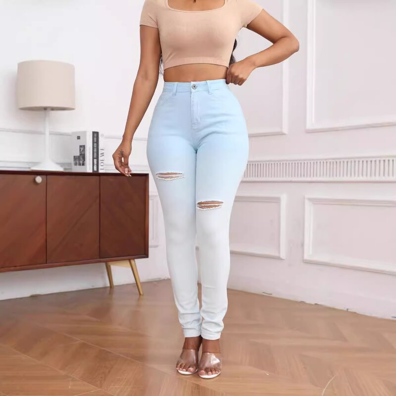 Women's Hole Jeans Manufacturer - European American Style High Waist Blue White Denim Breathable Summer Pants