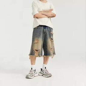 Men's Denim Shorts Manufacturer - Y2K Acid Wash Mid Waist Mesh Distressed Vintage Raw Edge Hem Shorts