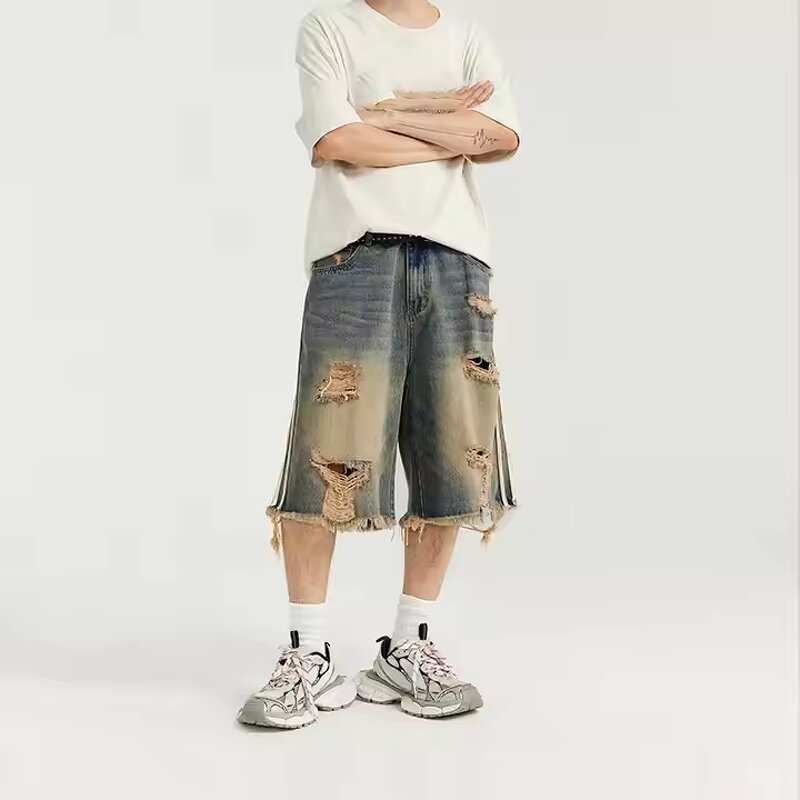 Men's Denim Shorts Manufacturer - Y2K Acid Wash Mid Waist Mesh Distressed Vintage Raw Edge Hem Shorts