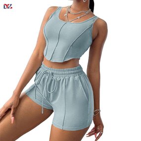 Women's Tracksuit Manufacturer - Casual Tank Top 2 Pieces Plain Sleeveless Ribbed Running Casual Set