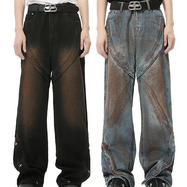 Men's Casual Jeans Manufacturer - Factory Customized High Street Vintage Dirty Dyed Patchwork Jeans