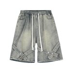 Men's Denim Shorts Manufacturer - Summer Trendy With Straps High Street Hip-hop Drawstring Loose Shorts