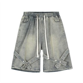 Men's Denim Shorts Manufacturer - Summer Trendy With Straps High Street Hip-hop Drawstring Loose Shorts