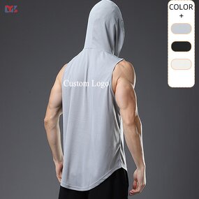 Men's Hooded Tank Top Manufacturer - Custom Logo Polyester Bodybuilding GYM Running Sleeveless Tee