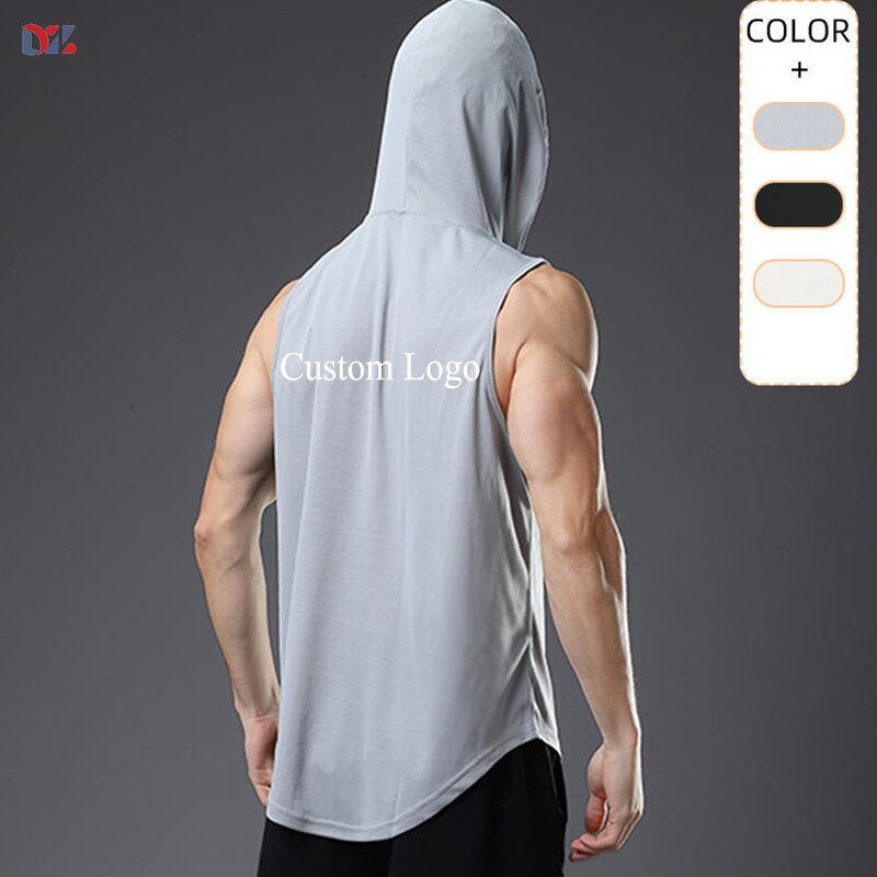 Men's Hooded Tank Top Manufacturer - Custom Logo Polyester Bodybuilding GYM Running Sleeveless Tee