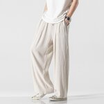 Men's Linen Pants Manufacturer - Customized Solid Color Elastic Waist Loose Fit Baggy Straight Leg Pants