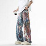 Men's Denim Trousers Manufacturer - Custom Vintage Straight Eco-Friendly Dark Blue Digital Print Washed Pants