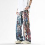 Men's Denim Trousers Manufacturer - Custom Vintage Straight Eco-Friendly Dark Blue Digital Print Washed Pants
