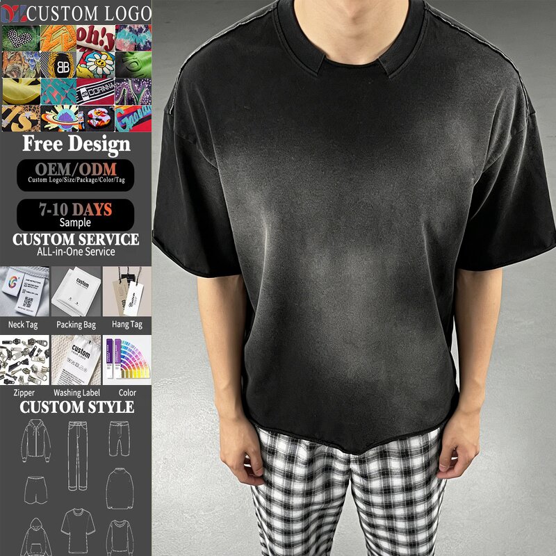 Men's T-Shirt Manufacturer - ODM 305 GSM Oversized Heavy Cotton Hip Hop Raw Hem Faded Tee