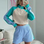 Women's Two-piece Set Manufacturer - Fashionable Color Blocking Long Sleeved Short Top & Elastic Pants Vintage Set