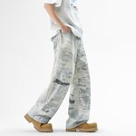 Men's Straight Leg Jeans Manufacturer - High Street Winter 3D Digital Printing Mud Dyeing Splash Ink Pants