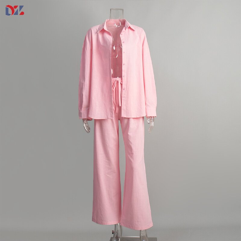 Women's Linen Set Manufacturer - Casual Clothing 2-Piece Business Work Outfits Long Sleeve Shirt High Waist Pants