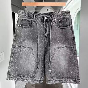Men's Cargo Shorts Manufacturer - Custom Vintage Solid Style Denim Acid Wash Embroidered Rhinestone Shorts