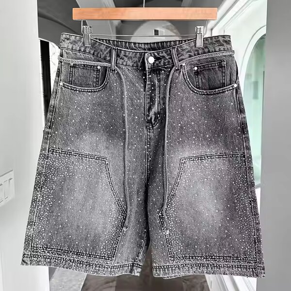 Men's Cargo Shorts Manufacturer - Custom Vintage Solid Style Denim Acid Wash Embroidered Rhinestone Shorts