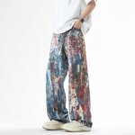 Men's Denim Trousers Manufacturer - Custom Vintage Straight Eco-Friendly Dark Blue Digital Print Washed Pants