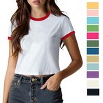 Women's Crop Top Manufacturer - Custom Ringer Rhinestone Contrast Collar Cuff Screen Print Tee
