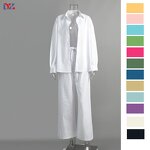Women's Linen Set Manufacturer - Wholesale Cotton Casual 2-Piece Business Work Outfits Long Sleeve Shirt Pants