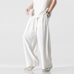 Men's Linen Pants Manufacturer - Customized Solid Color Elastic Waist Loose Fit Baggy Straight Leg Pants