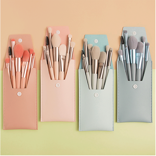 Makeup Brush Set Manufacturer - Hot Sale 8 Pcs Natural Custom Private Label Red Pink Blue Mini Travel Angle Portable