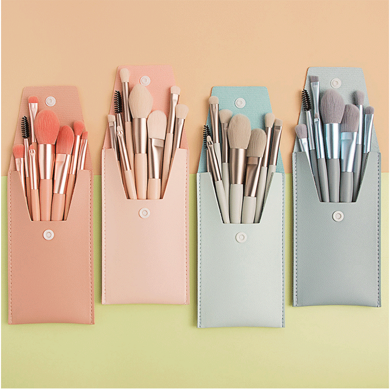 Makeup Brush Set Manufacturer - Hot Sale 8 Pcs Natural Custom Private Label Red Pink Blue Mini Travel Angle Portable