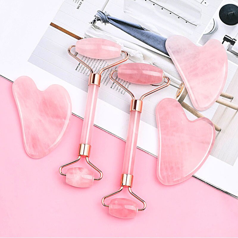 Jade Roller Gua Sha Set Manufacturer - 100% Natural Jade Stone Face Roller Pink Rose Quartz Massage Guasha Facial Beauty Tools